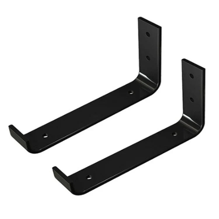 Iron wall bearing support shelf with black powder coat finish, available in three sizes