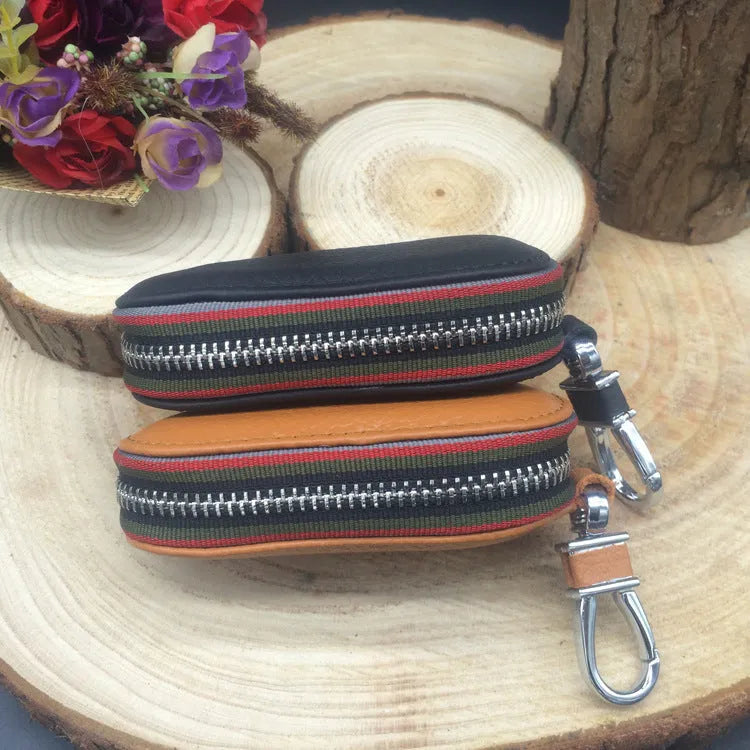Black leather zipper key bag for car and home keys, compact 15.5cm size
