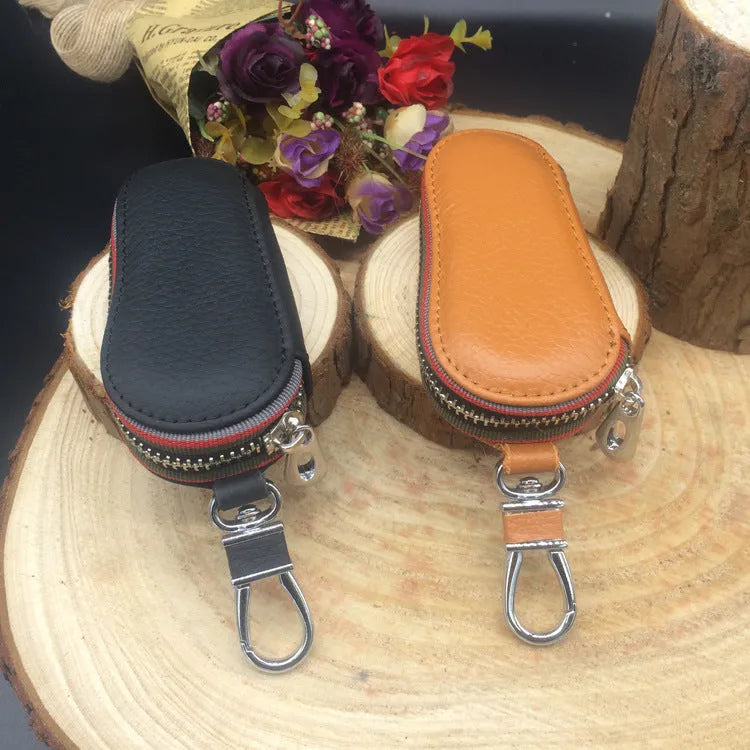 Black leather zipper key bag for car and home keys, compact 15.5cm size