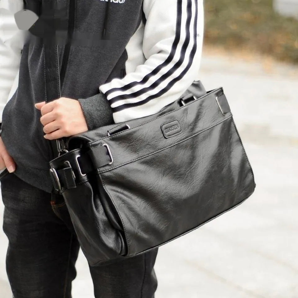 Men's leather messenger bag with cowhide inner, large capacity, black, for travel