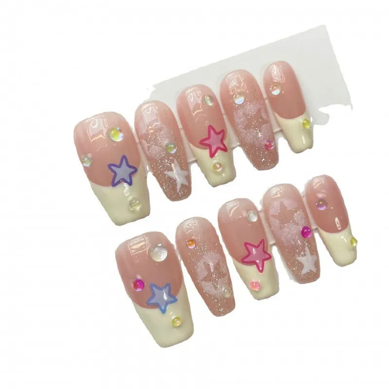 Handmade Sweet Star wearable nails in long ladder style with ultra-thin seamless finish and glue kit