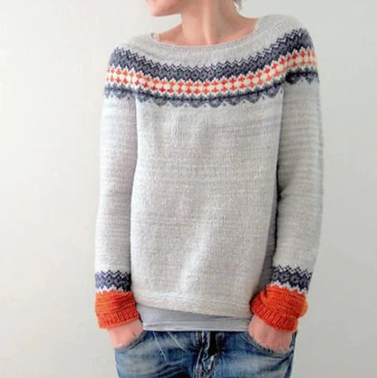 Women's loose multicolor acrylic pullover sweater with round neck, available in various colours and sizes.
