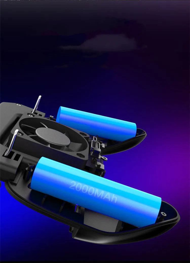 Black USB mobile game controller for smartphones with aluminium alloy frame on a table.