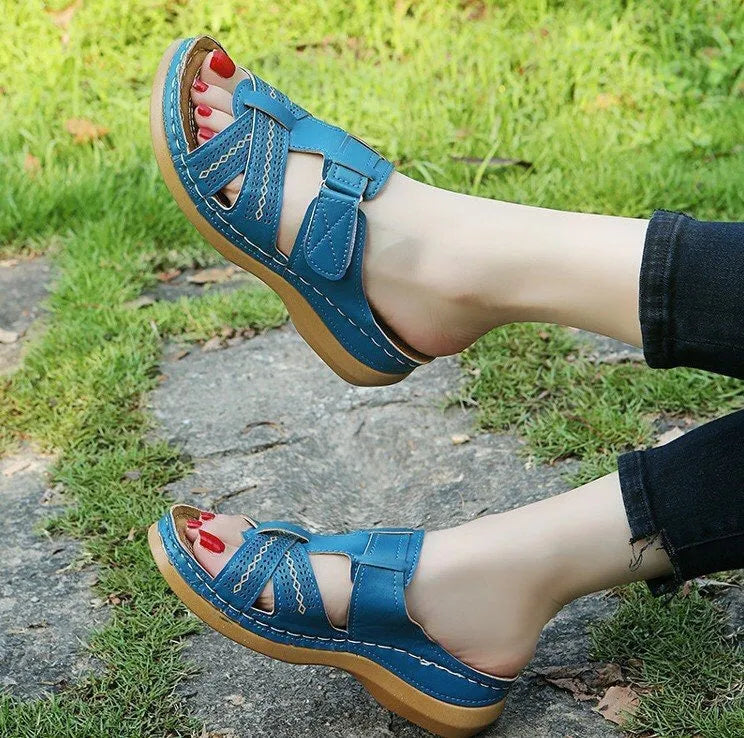 Women's hollow peep toe wedge sandals with Velcro straps in a choice of six colours.