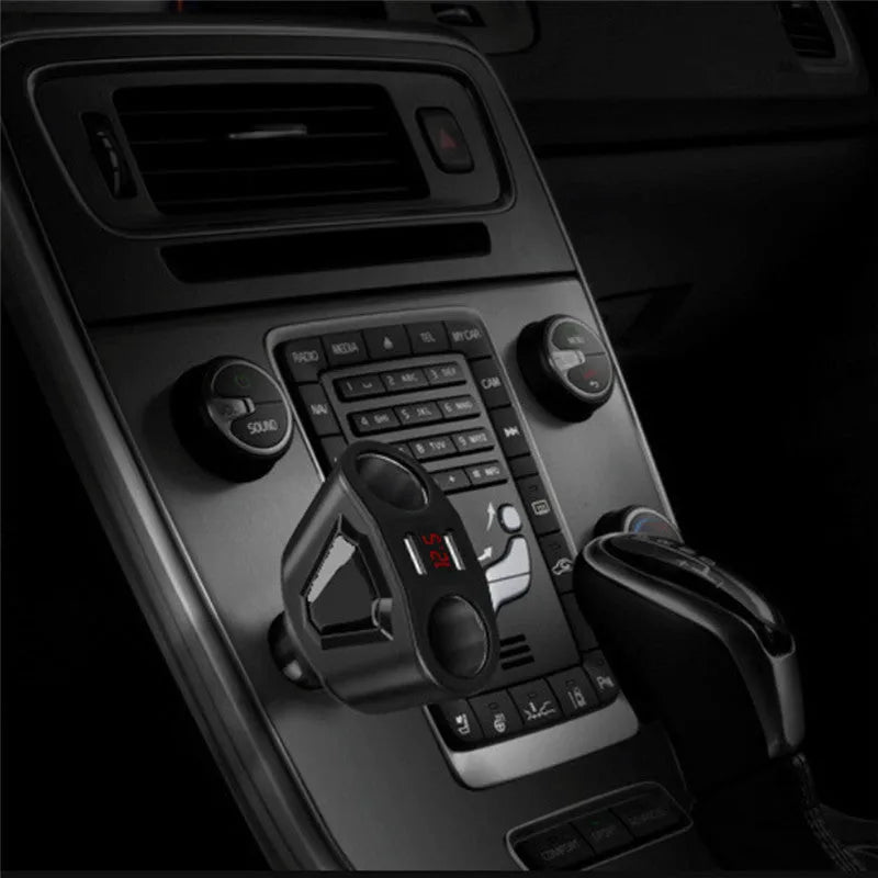 Black dual USB car charger with digital LCD screen showing voltage and current