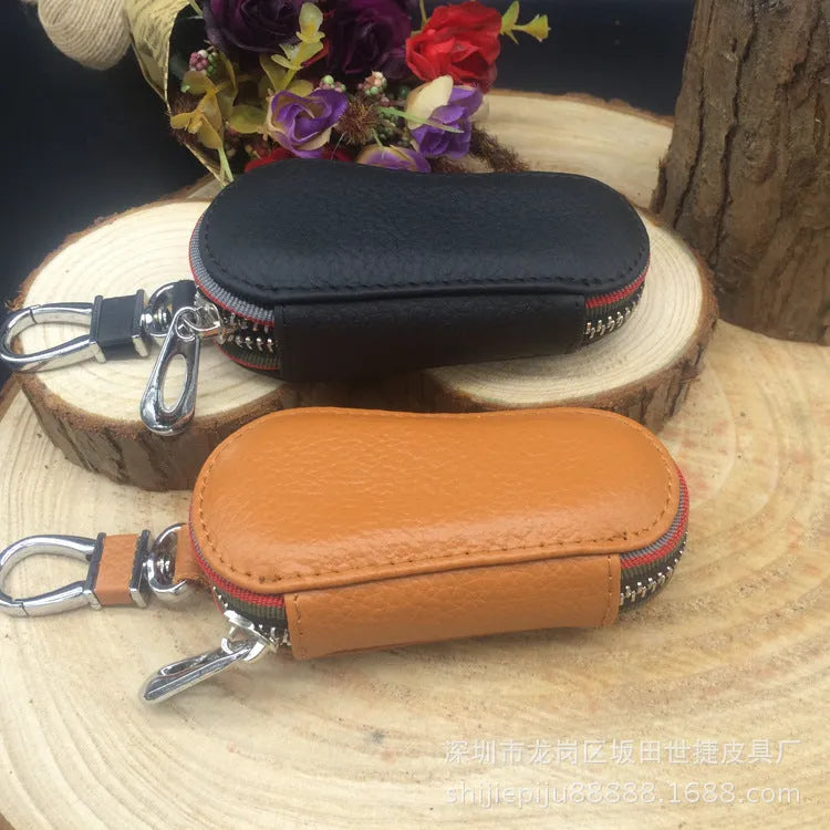 Black leather zipper key bag for car and home keys, compact 15.5cm size