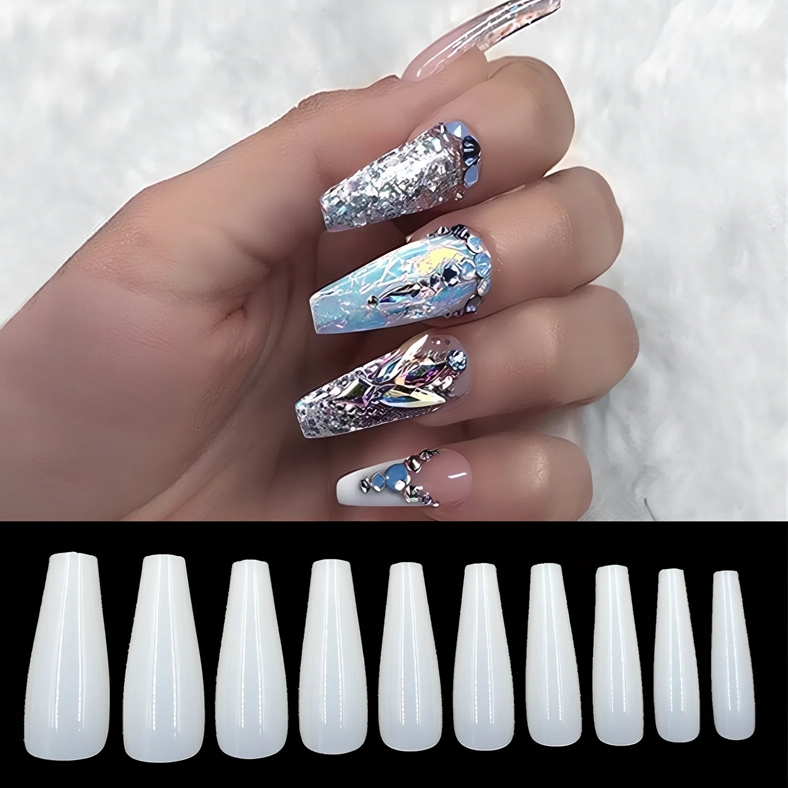 Pack of 500 clear and natural ballet shaped false nails in 10 sizes, ABS material for professional application