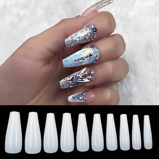 Pack of 500 clear and natural ballet shaped false nails in 10 sizes, ABS material for professional application