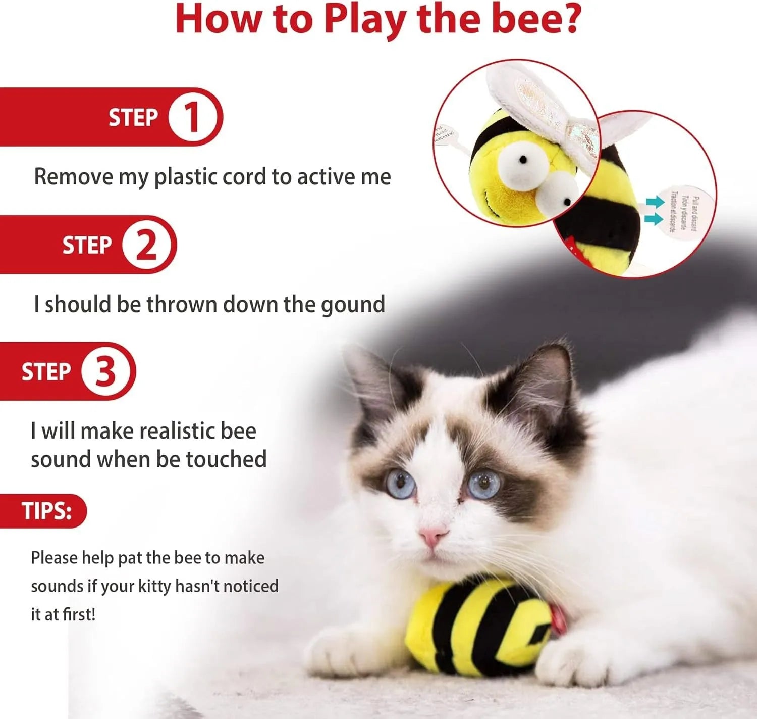 Yellow flannelette bee-shaped interactive cat toy with motion-activated sound electronics