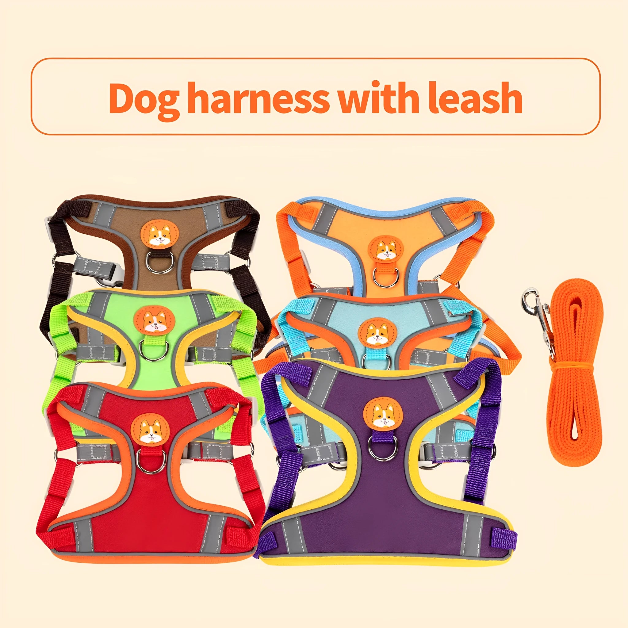 Adjustable dog harness vest with haulage rope in purple, blue, orange, red, brown or green