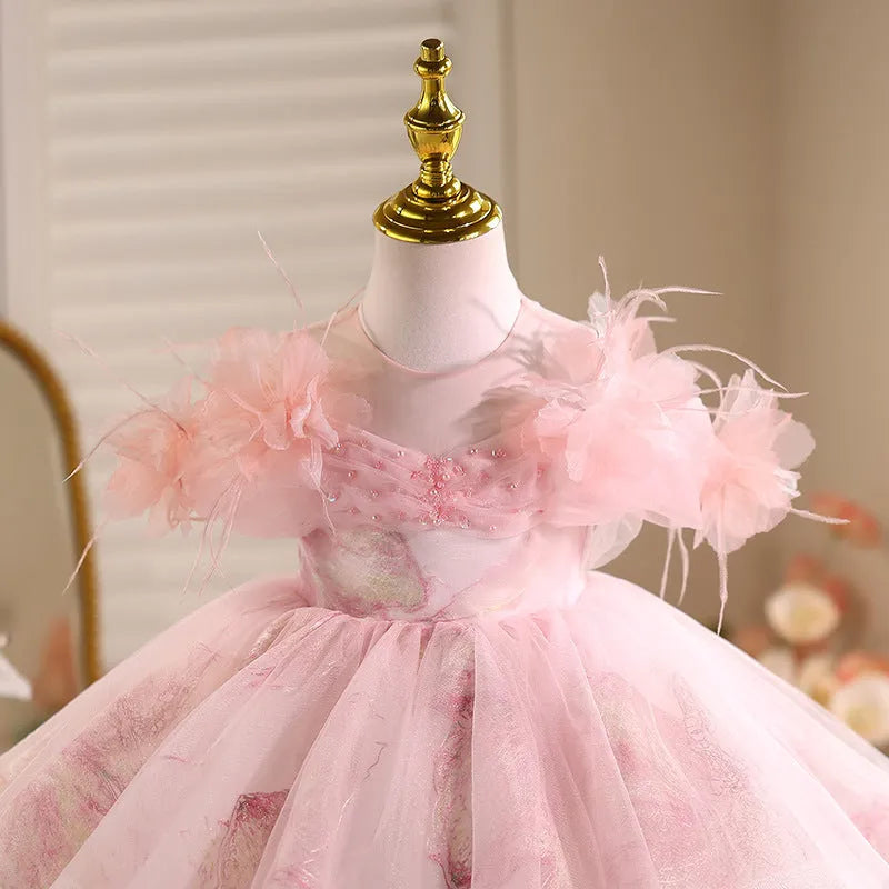 Pink polyester girls princess dress light luxury high-end style suitable height 80-150cm
