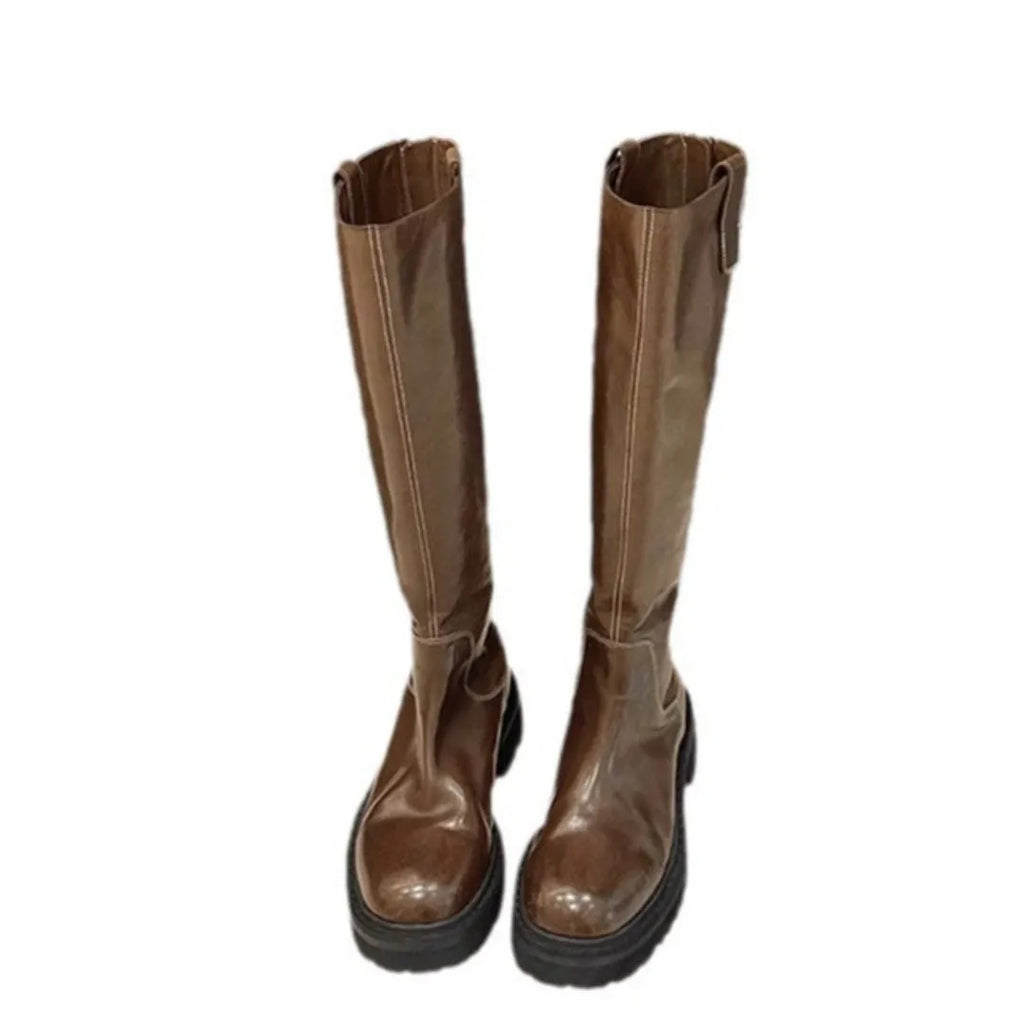Black round toe chunky heel women's knight boots with a back zip on a white background