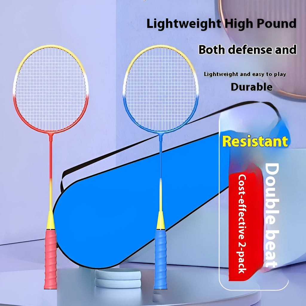 A pair of blue and red alloy ultra-light split badminton rackets laid side by side.