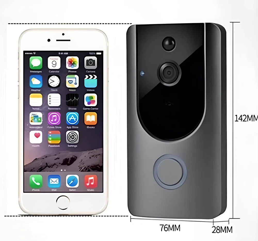 Grey WiFi video doorbell camera with 720P lens, 166° angle, PIR motion detection and chime for home security