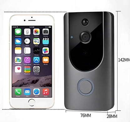 Grey WiFi video doorbell camera with 720P lens, 166° angle, PIR motion detection and chime for home security