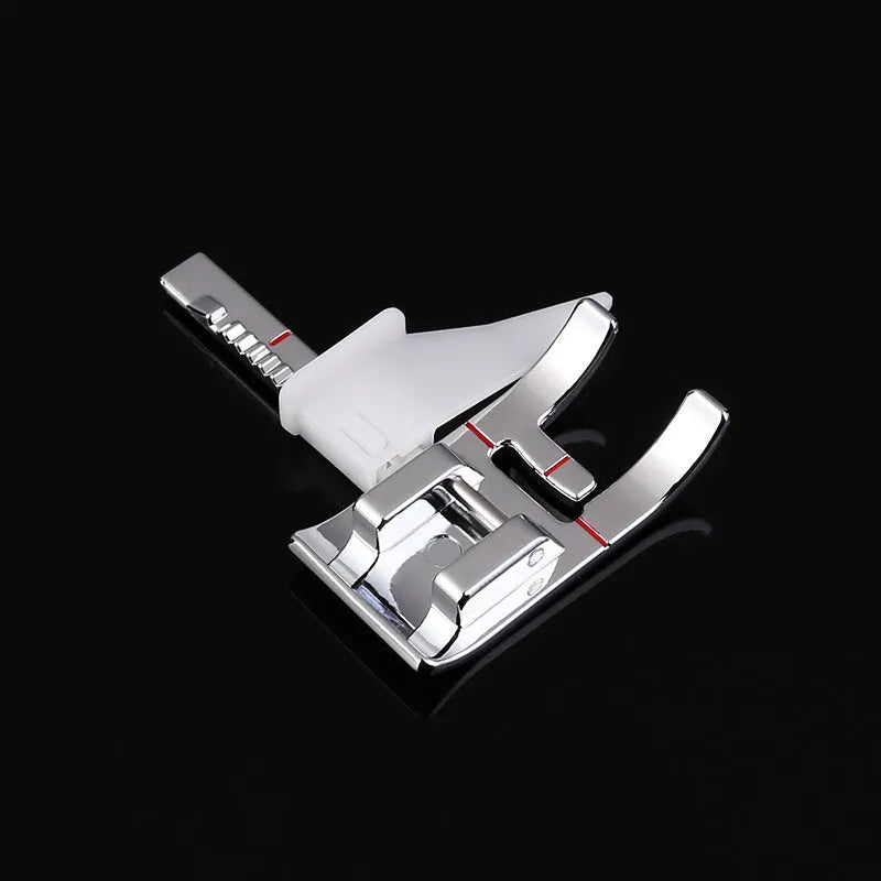 Regular presser foot for household sewing machine with adjustable border guide and red alignment markings