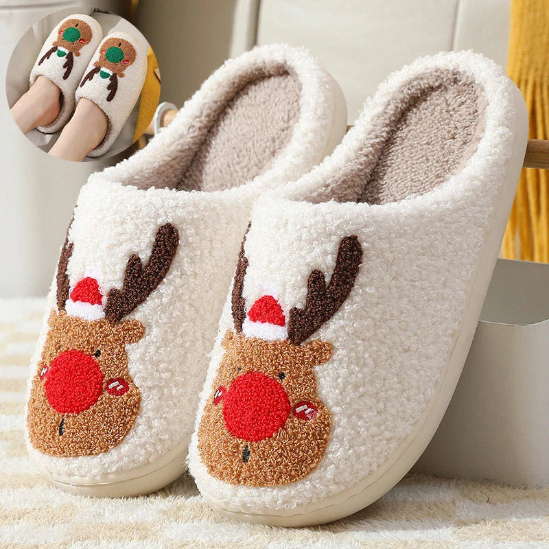 Cozy festive elk-themed slippers in red and green colors, featuring plush, soft materials for comfortable indoor wear