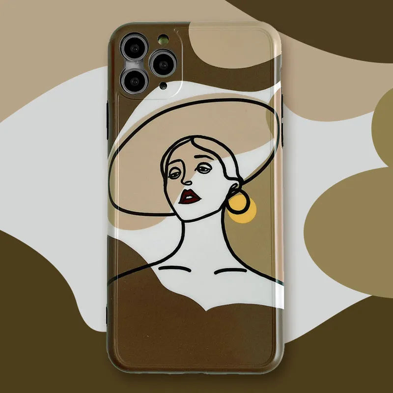 Orange yellow soft silicone iPhone case with a hand-drawn cartoon line painting design.
