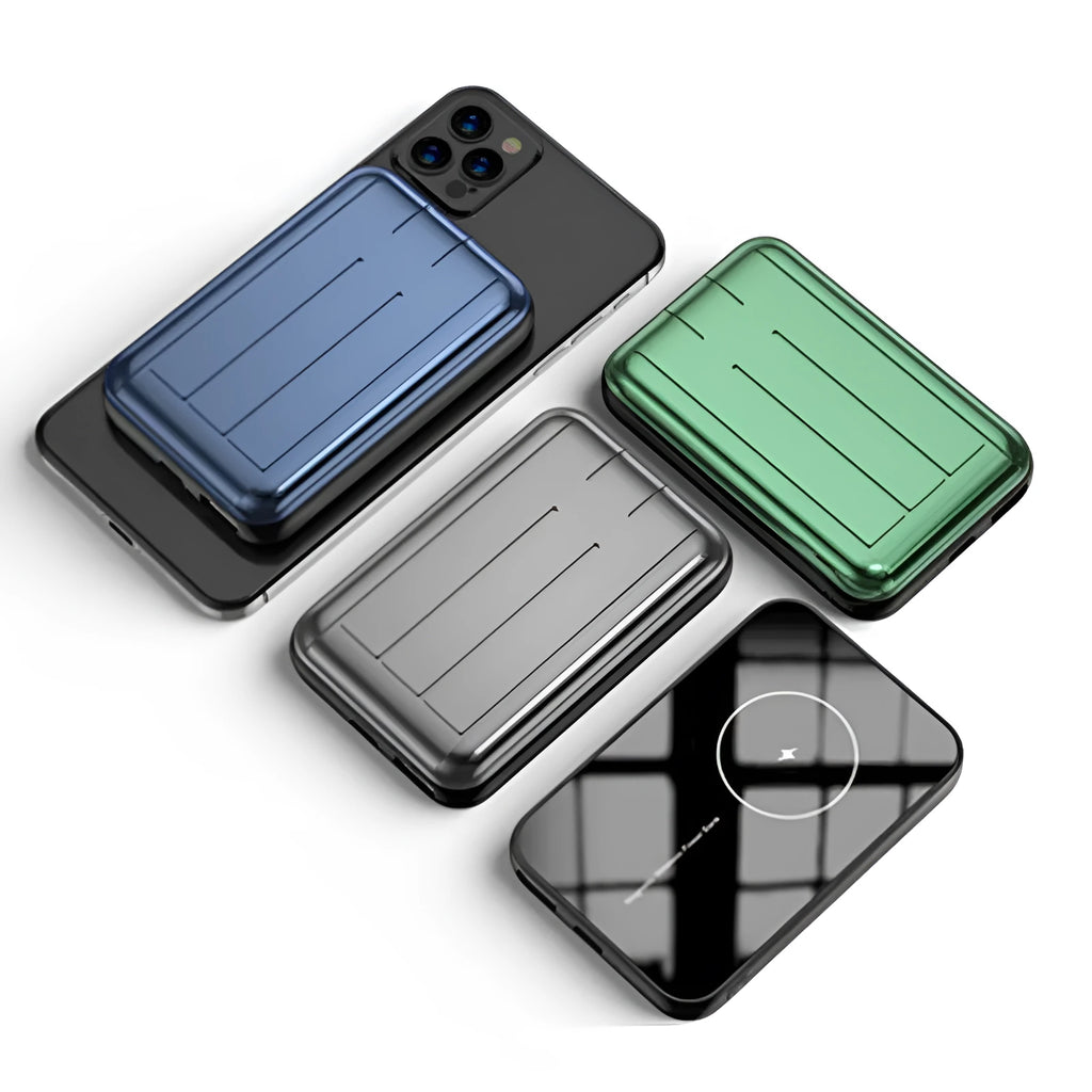 Blue 15W magnetic wireless power bank for iPhone showing front and side views.
