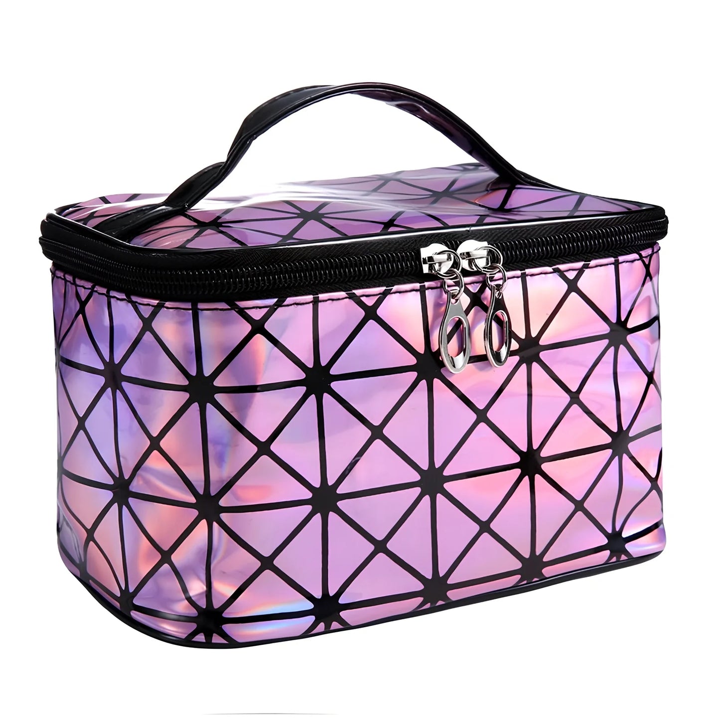 3D laser engraved cosmetic bag in blue, 19cm x 12cm x 13cm, with structured compartments for makeup storage