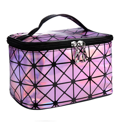 3D laser engraved cosmetic bag in blue, 19cm x 12cm x 13cm, with structured compartments for makeup storage