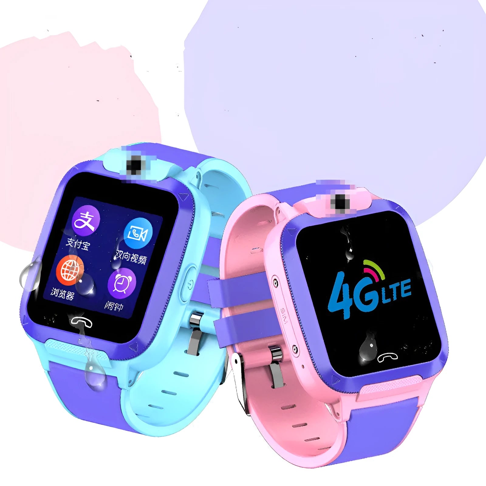 Children's blue and pink video call GPS smartwatch with a 1.44-inch touchscreen on a silica gel strap.