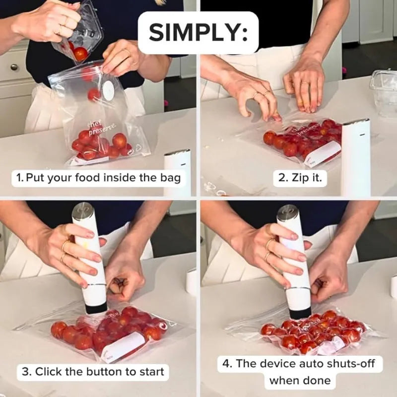 White USB electric vacuum food sealer with five plastic fresh-keeping bags for kitchen storage