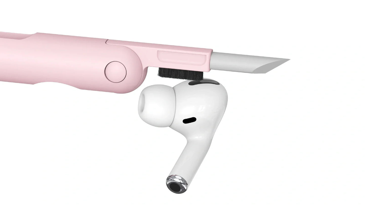 Pink and blue computer cleaning pen set with brush, keycap tool, and empty spray bottle