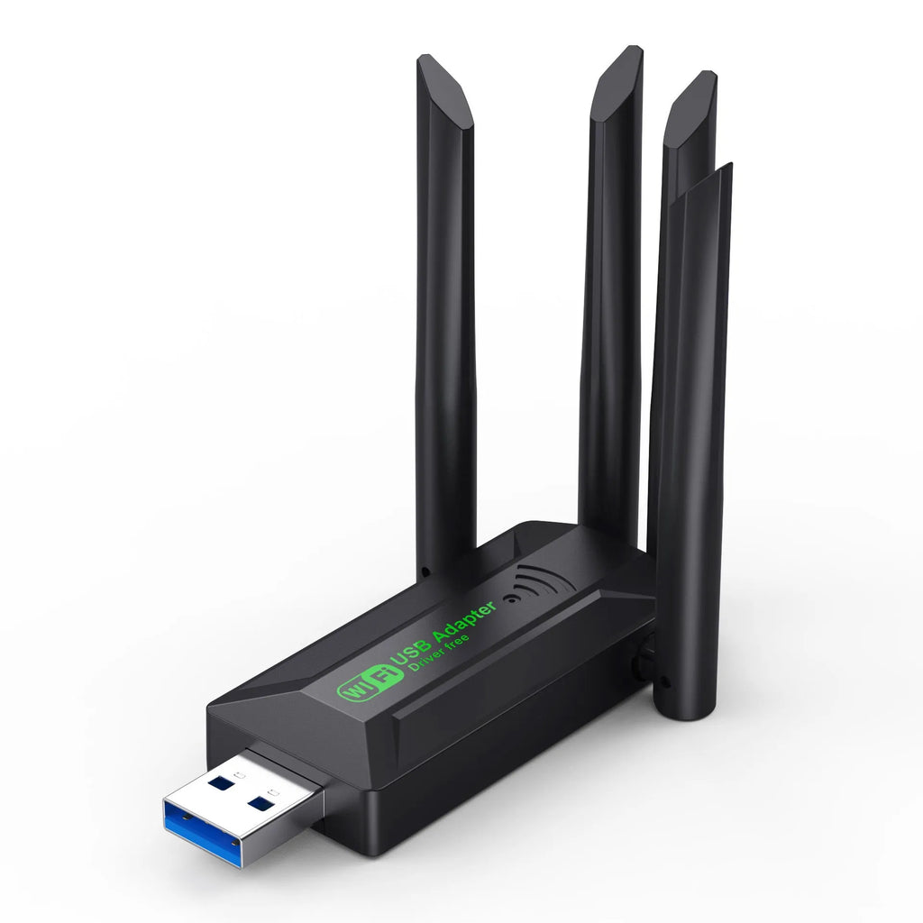 Black USB network transmitter with four extended antennas for computer wireless connectivity