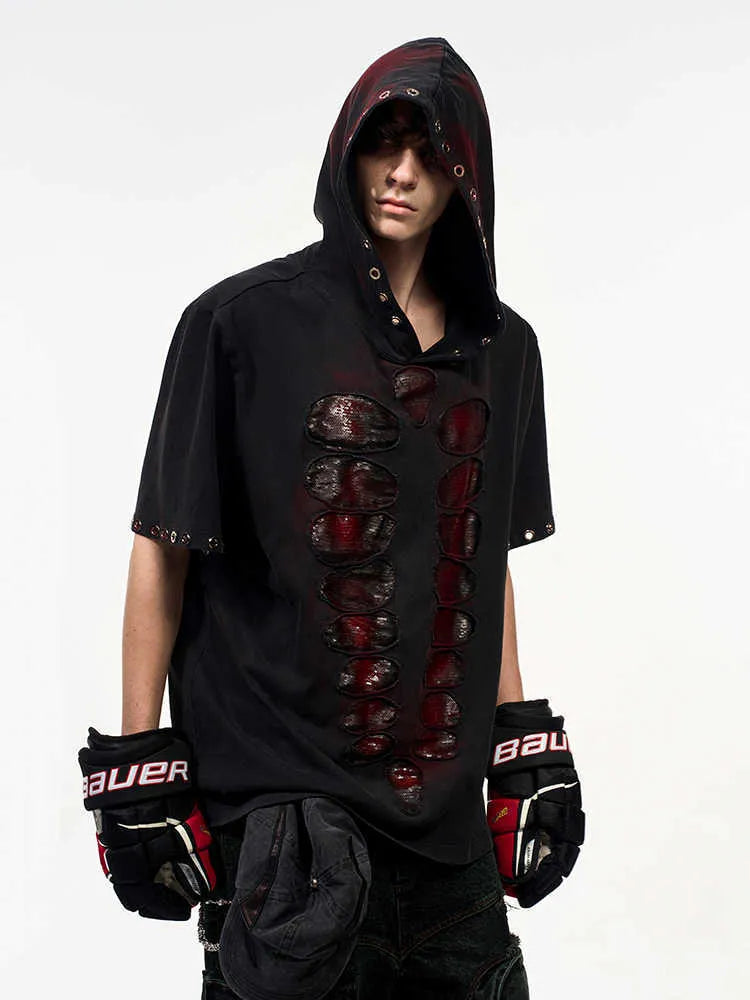 Black men's hooded short-sleeve T-shirt with sequin detailing in a loose fit.