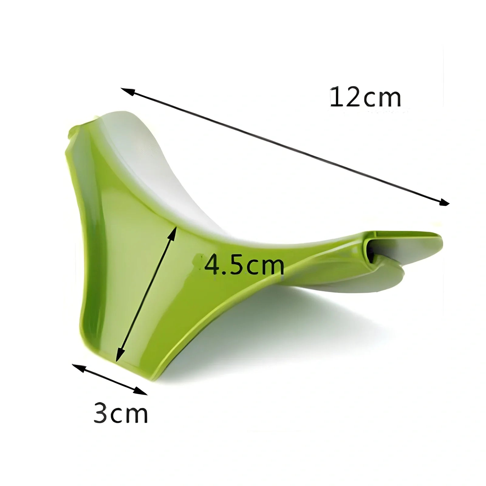 Green silicone soup funnel, 12x3x4.5cm PC material, clamps to round pots for spill-free pouring, 30g weight