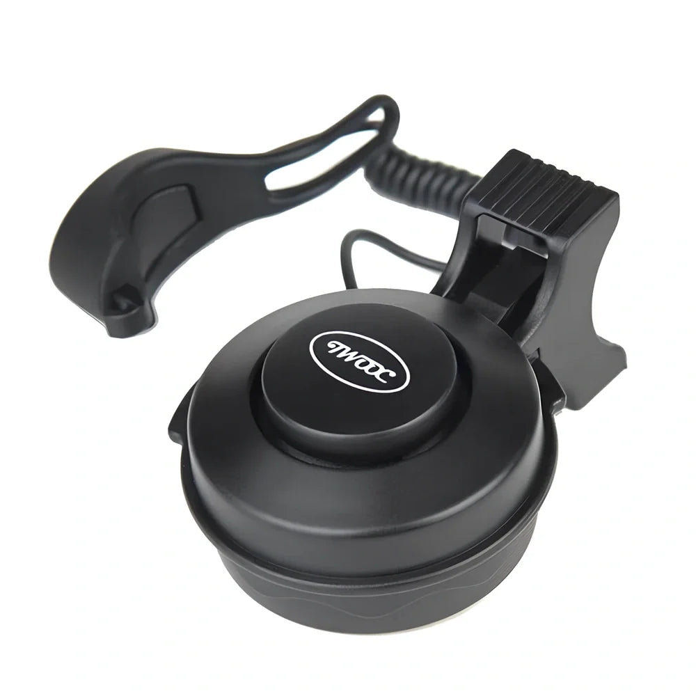 Compact black TWOOC T-002 bicycle electronic horn with wired switch, 110-120dB sound modes, mounted on handlebar via rubber strap