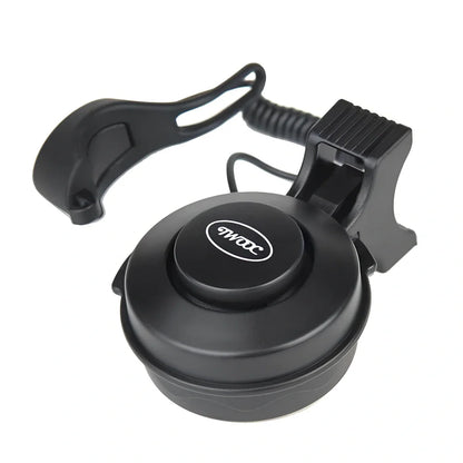 Compact black TWOOC T-002 bicycle electronic horn with wired switch, 110-120dB sound modes, mounted on handlebar via rubber strap