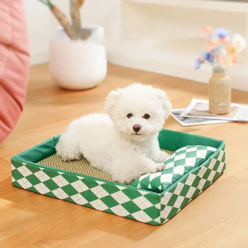 A blue woven rattan cat mat showing its breathable texture and rectangular shape, placed on a floor.
