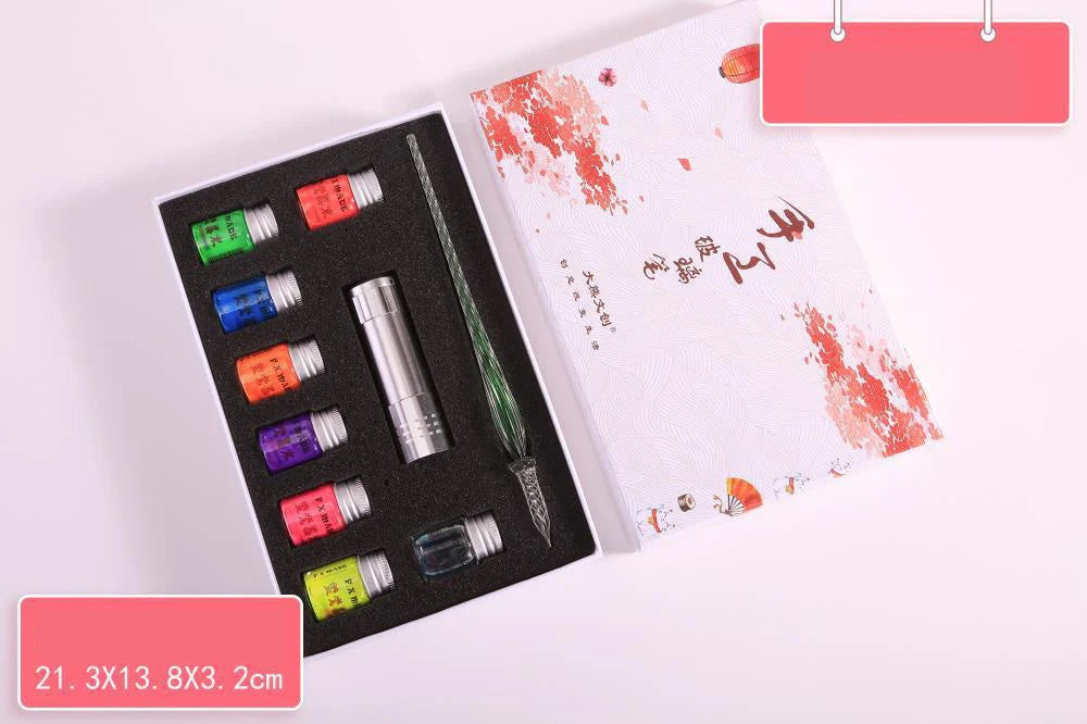 Fluorescent fountain pen dip ink set with 8 glowing colours in borosilicate glass bottles