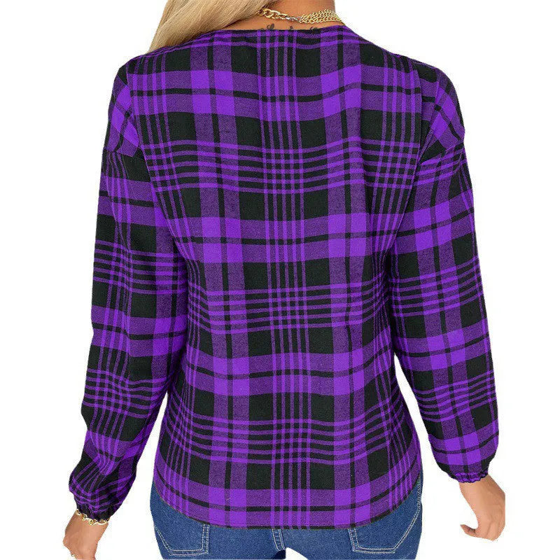 Women's purple plaid casual shirt with regular sleeves and loose fit on hanger