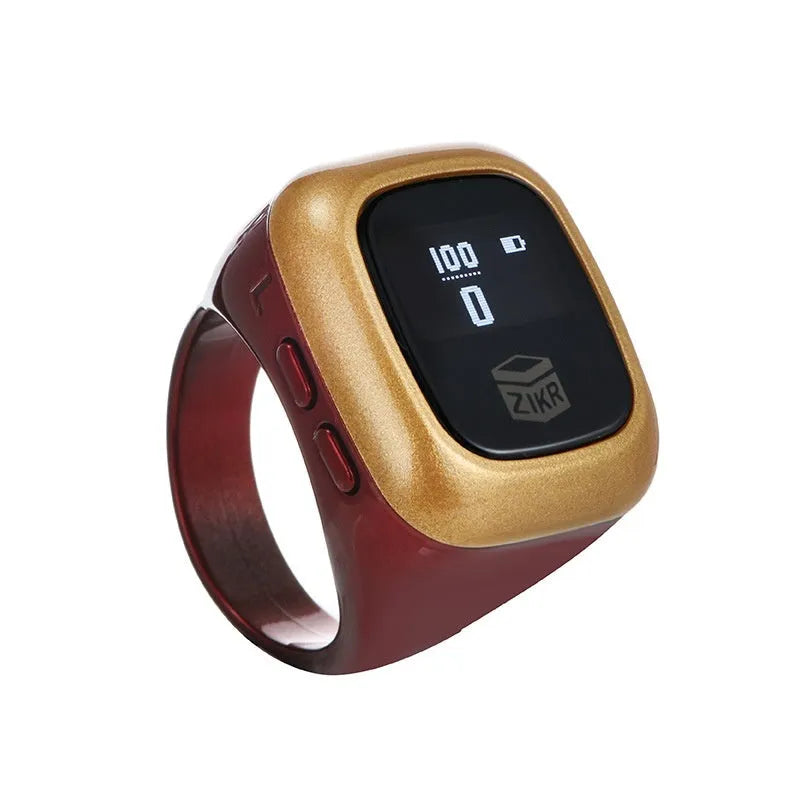 Al-fatiha Zikr electronic counter on wrist showing digital display, available in black, rose gold, silver, wine red, green.
