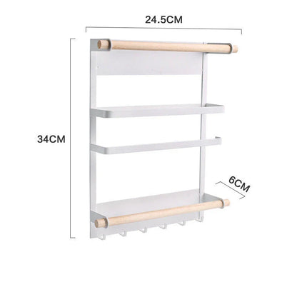 Magnetic refrigerator side rack in black and white, with hooks and wooden bar for kitchen organisation