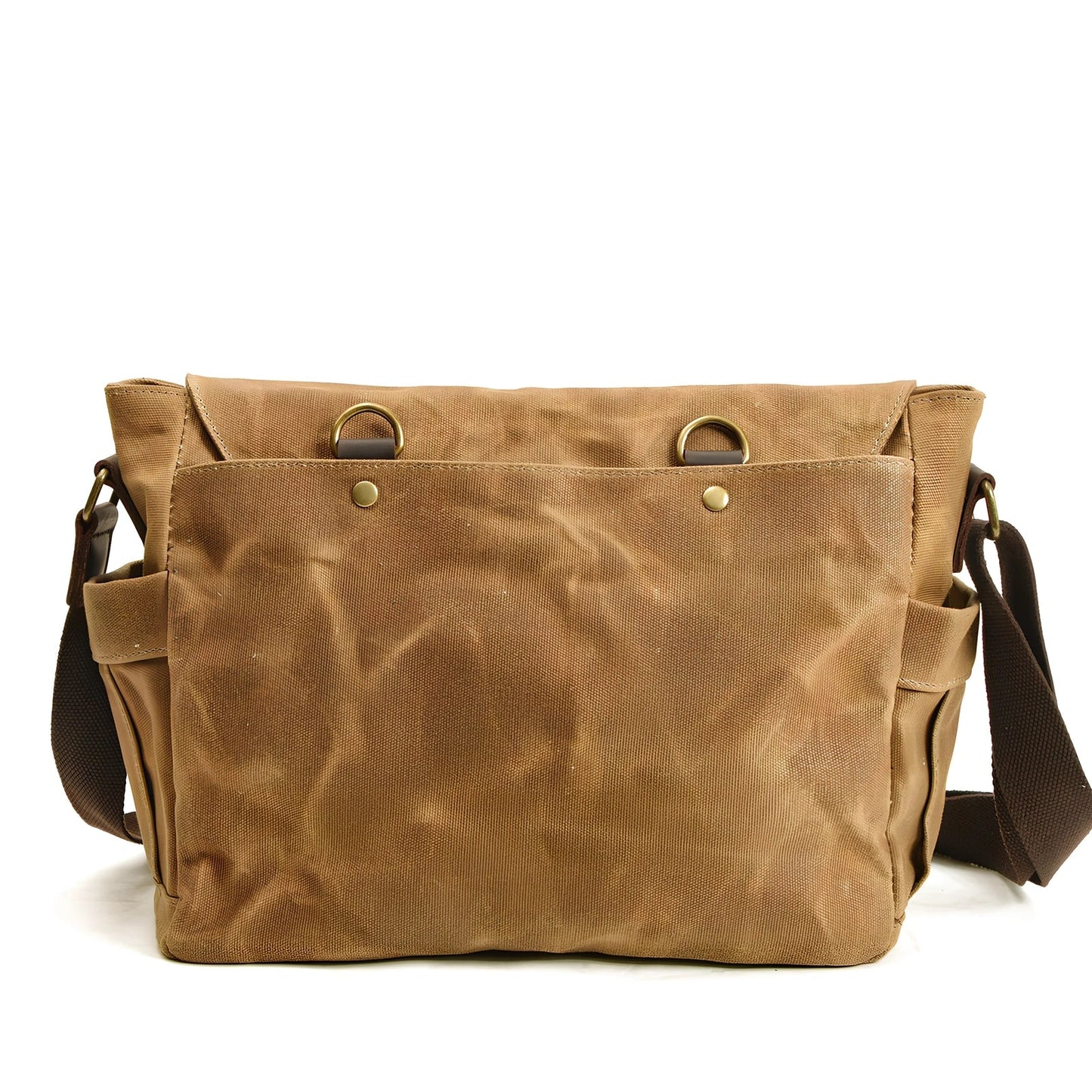 Retro men's canvas shoulder messenger bag in black, waterproof with internal pockets for laptop and phone, medium square size