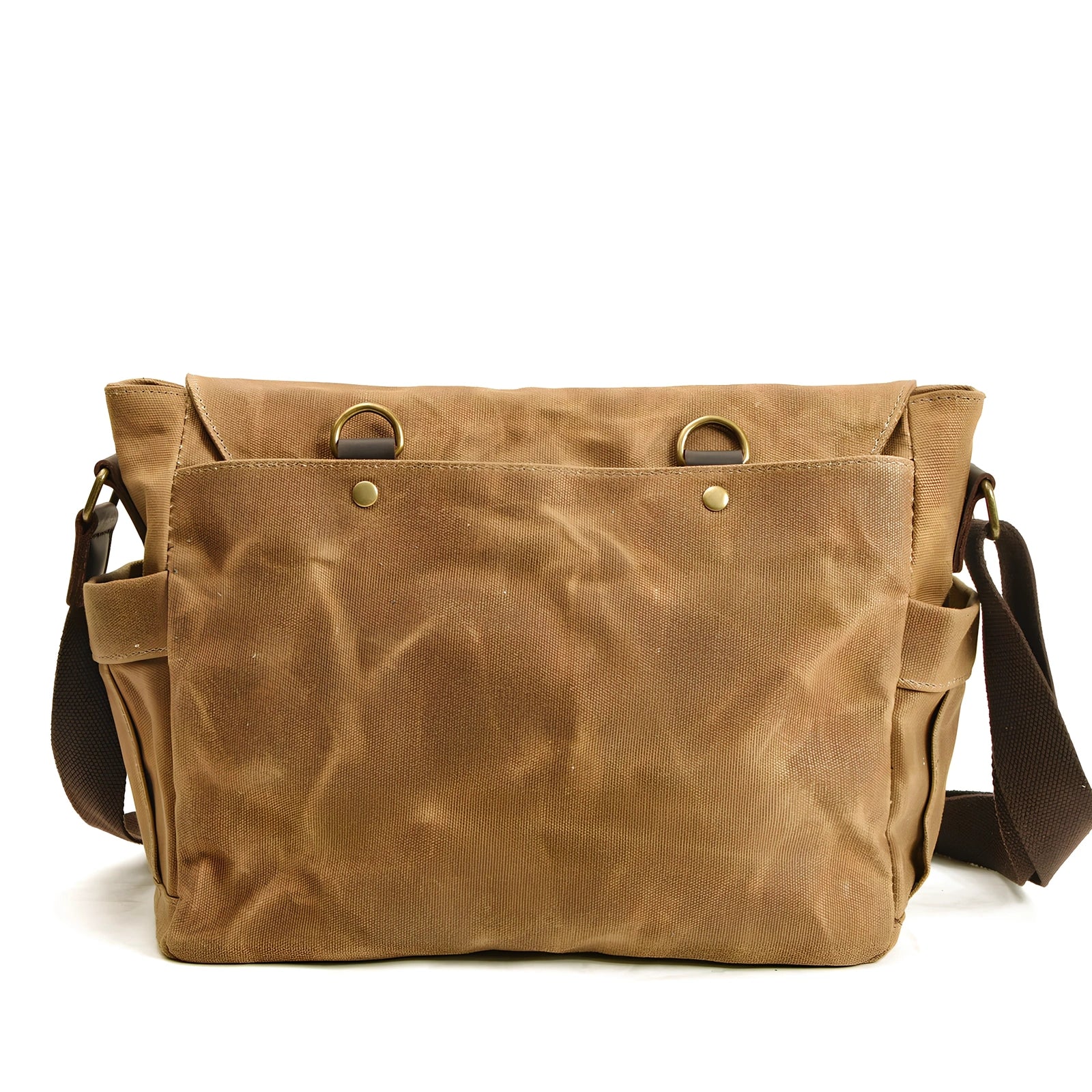 Retro men's canvas shoulder messenger bag in black, waterproof with internal pockets for laptop and phone, medium square size