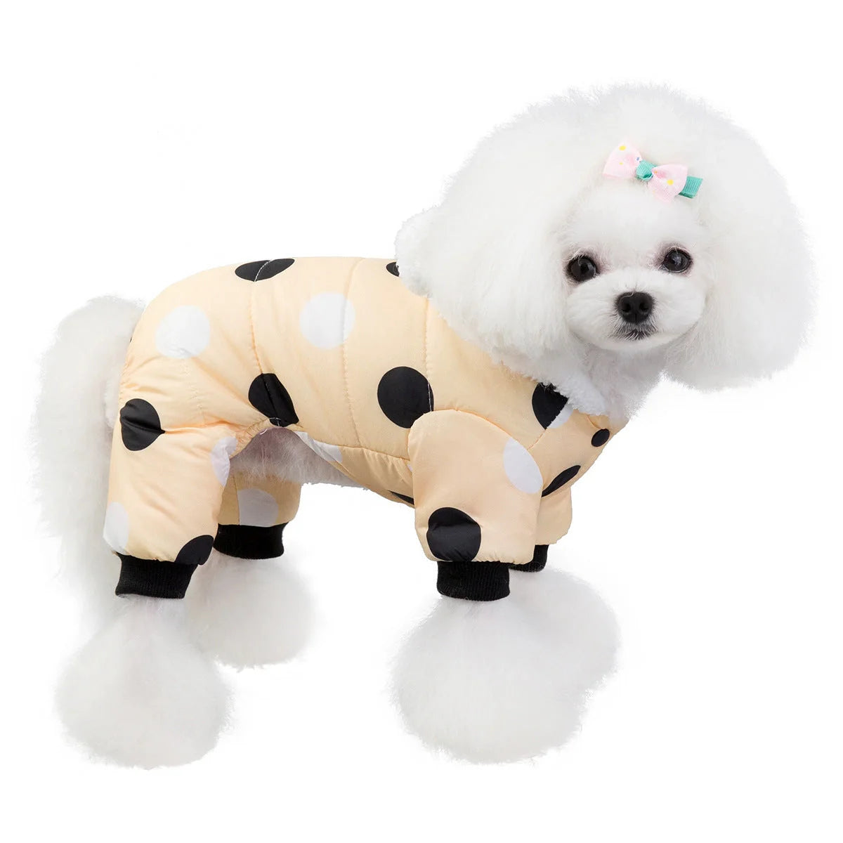 Big polka dot cotton coat with four-leg design in pink, black, and light yellow