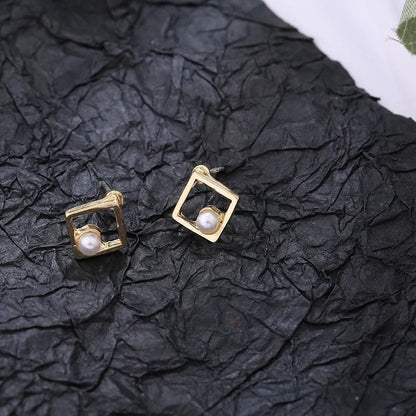 Hollow diamond square stud earrings in alloy with geometric design options