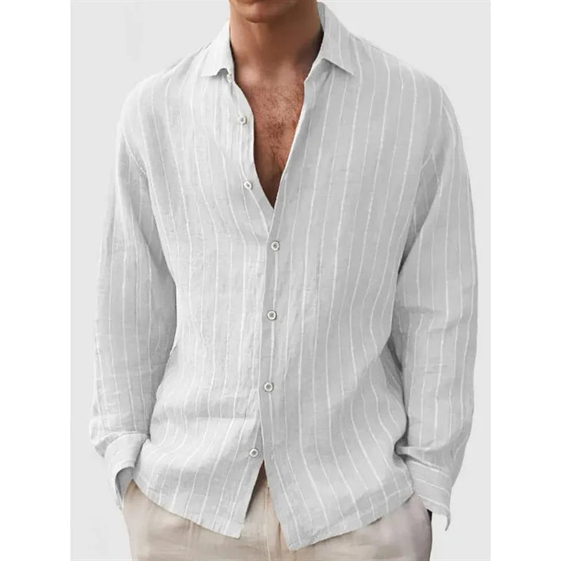 Men's loose fit striped cardigan style shirt in polyester for leisure wear