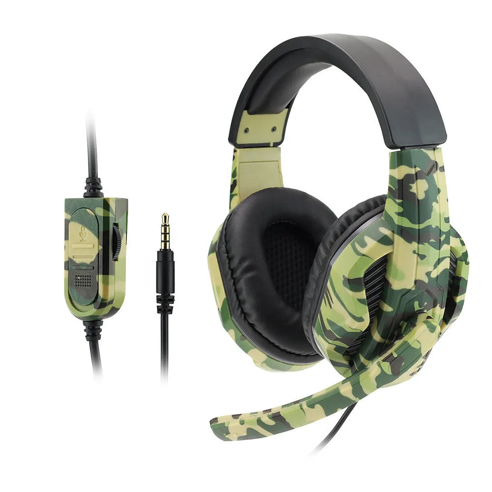 Army green camouflage wired over-ear gaming headset with microphone and 3.5mm plug on a black background.