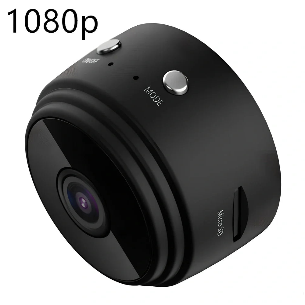 Compact white A9 WiFi sports camera with 1080P HD, infrared night vision, 45x45x50mm size, mounted on rotating bracket