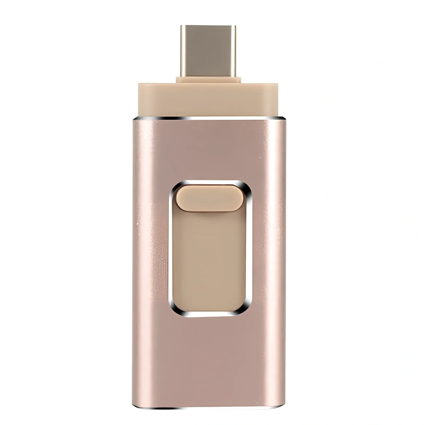 Black 4-in-1 USB key showing Lightning Type-C USB ports, 67.5mm size for iPhone Android storage 8GB-512GB