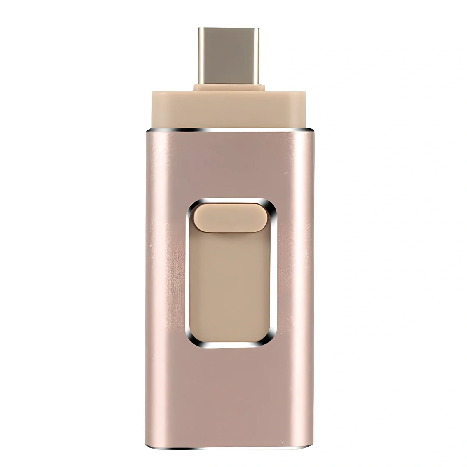 Black 4-in-1 USB key showing Lightning Type-C USB ports, 67.5mm size for iPhone Android storage 8GB-512GB