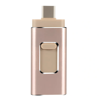 Black 4-in-1 USB key showing Lightning Type-C USB ports, 67.5mm size for iPhone Android storage 8GB-512GB