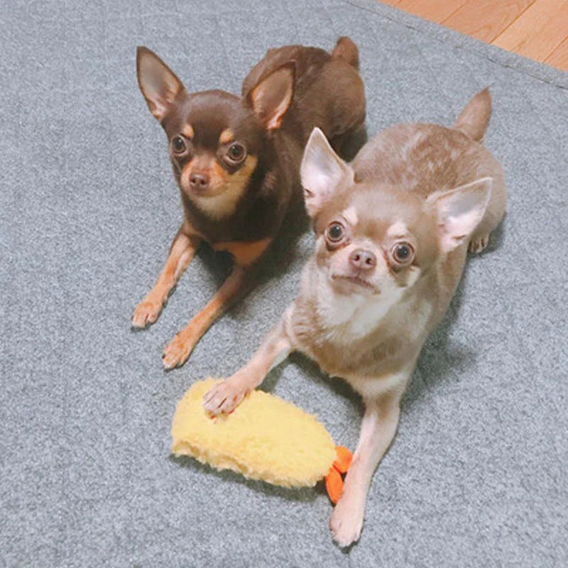 Fried Shrimp Tempura Dog Chew Toy with squeaker in yellow