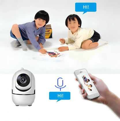 White WiFi security camera with 360 rotation and infrared night vision for home monitoring